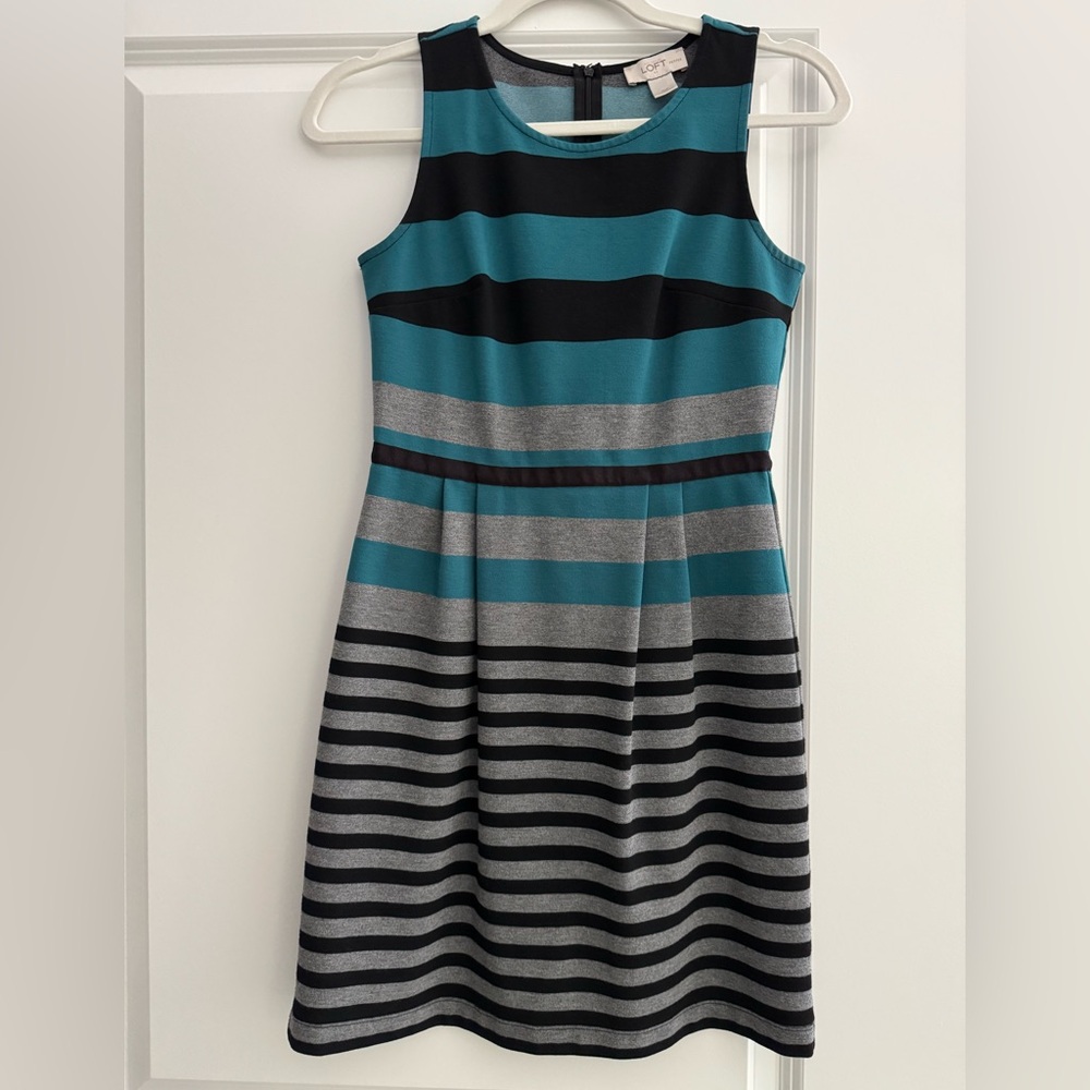 LOFT 00P Teal, Black, and Gray Striped Dress